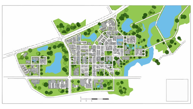 urban master plan illustrating a conceptual sustainable city layout with integrated green spaces and waterways for architectural development.