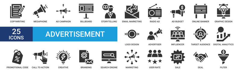 Advertisement icon set. Containing copywriting, megaphone, ad campaign, billboard, storytelling, email marketing, and more. Glyph vector icons collection.