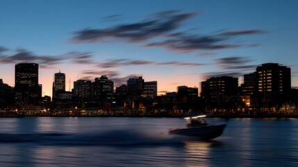 Obraz premium Nighttime Cityscape with Reflections and Boat Moving in Water Under Dramatic Sky at Twilight in Urban Environment