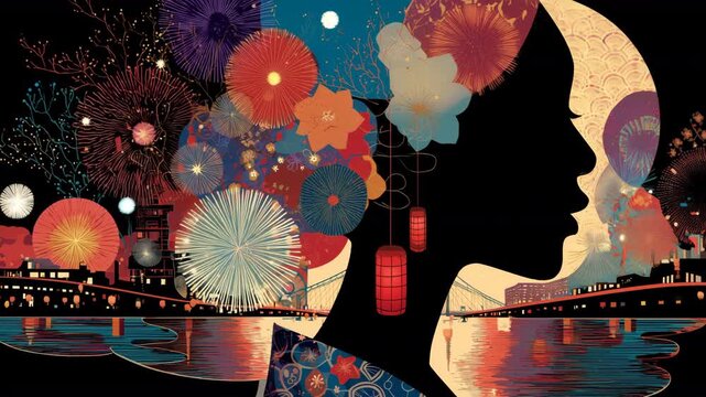 横顔に夏の花火大会の夜景を重ねた女性の二重露光
