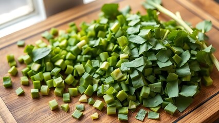 lovage. Freshly chopped lovage leaves on a rustic wooden cutting board, bright green color and texture. menu design, packaging mockups, designed for culinary blogs and recipe cards for restaurants.