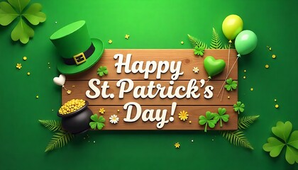 St. Patrick’s Day Celebration – Wooden Sign with Leprechaun Hat, Pot of Gold, Balloons, Shamrocks, and Festive Decor