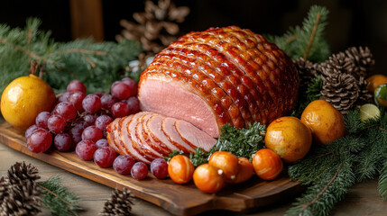Glazed Ham with Fresh Fruits and Pine Cones on a Rustic Table