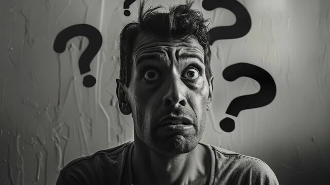 A man deep in thought, surrounded by question marks symbolizing confusion or intellectual struggle.