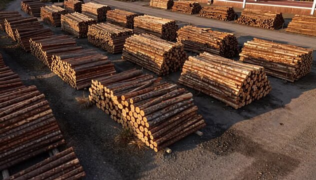 Sawmill logging yard aerial view, stacked lumber logs at forest processing site, timber resources, wood.