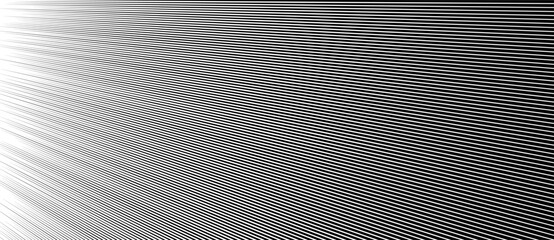 Angled white lines on black background create optical illusion of depth and motion. Abstract texture evokes geometric tension, visual distortion and dynamic linear perspective.