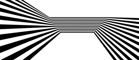 Abstract black and white background with converging lines forming optical illusion, geometric texture and dynamic motion, creating depth, symmetry and modern minimal design.