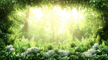 Lush Green Forest Scene with Sunlight and Vibrant Plant Life