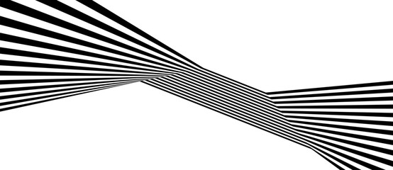 Abstract black and white background with converging lines forming optical illusion, geometric texture and dynamic motion, creating depth, symmetry and modern minimal design.