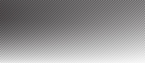 Diagonal black lines on white background form gradient illusion through density and spacing. Abstract geometric texture makes depth, motion and minimal dynamic rhythm with visual tension.