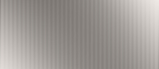 Vertical black lines on white background vary in thickness and spacing, creating optical illusion of motion and depth. Abstract texture makes dynamic distortion with minimal geometric rhythm.