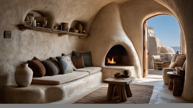 Interior of an adobe pueblo style room features curved mud walls and a built-in fireplace with a round open roof revealing the blue sky.