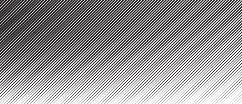 Diagonal black lines on white background form gradient illusion through density and spacing. Abstract geometric texture makes depth, motion and minimal dynamic rhythm with visual tension.