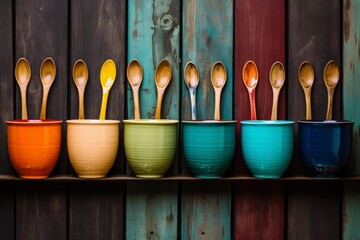 Bright mugs with utensils arranged in a neat row against painted wooden planks