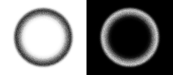 Circular ring of dots halftone gradient with empty center. Abstract pointillism makes depth illusion, suitable as icon, logo, sign or minimal graphic element. Black and white themes.