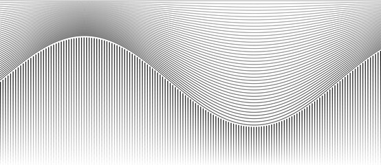 Black lines on white background form wave illusion with curved and vertical transitions. Abstract geometric texture makes depth, motion, symmetry and minimal dynamic composition.