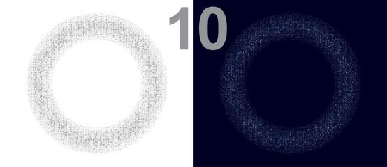 Halftone circles with randomly placed digits one and zero. Abstract AI-themed texture based on binary concept makes a minimal icon, logo or sign. White and dark color themes.
