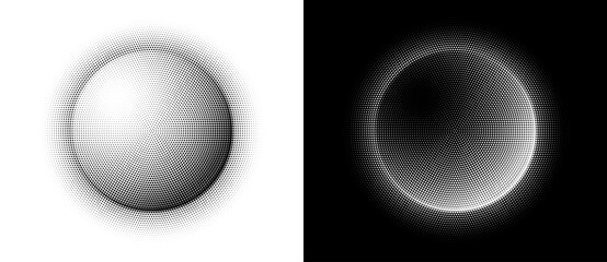 Circular halftone of dots like gradient illusion of depth and shading. Abstract pointillism for sun icon, minimal logo or sign with radial texture. Black and white themes.