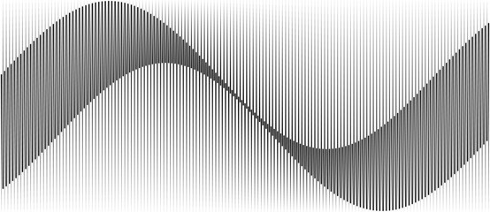 Stylized sine wave formed by vertical black lines on white background, creating rhythmic texture and abstract motion through minimalist geometry.