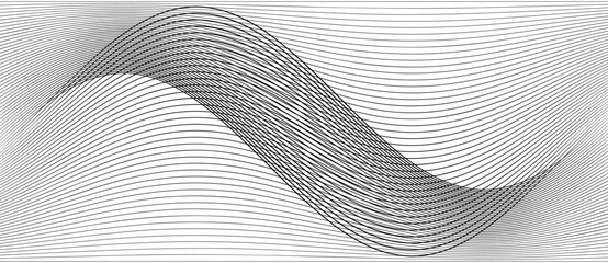 Curved black lines on white background form wave illusion. Abstract geometric texture evokes motion, depth, symmetry and minimal linear rhythm in dynamic composition. Audio waves concept.