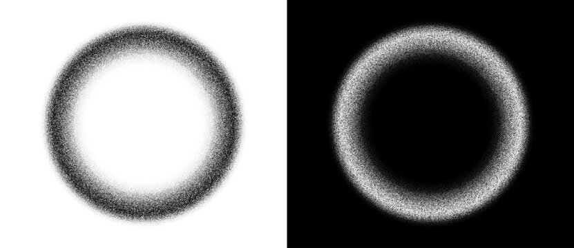 Circular ring of dots halftone gradient with empty center. Abstract pointillism makes depth illusion, suitable as icon, logo, sign or minimal graphic element. Black and white themes.