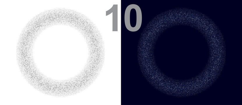 Halftone circles with randomly placed digits one and zero. Abstract AI-themed texture based on binary concept makes a minimal icon, logo or sign. White and dark color themes.