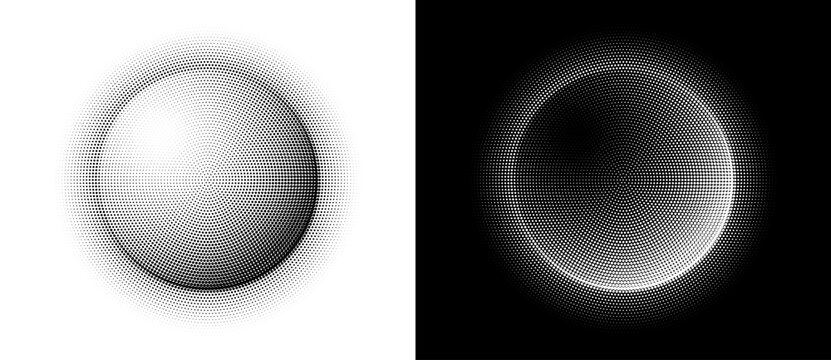 Circular halftone of dots like gradient illusion of depth and shading. Abstract pointillism for sun icon, minimal logo or sign with radial texture. Black and white themes.