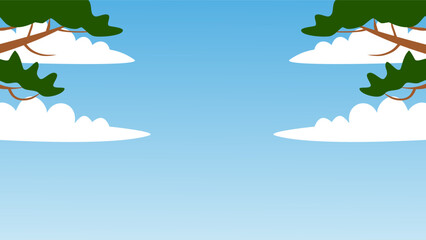 Minimalist blue sky background with pine tree branches and white clouds. Flat vector illustration with copy space.