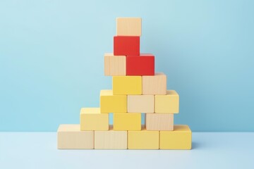 Wooden blocks forming a pyramid shape with red blocks at the top, representing growth, strategy, and success