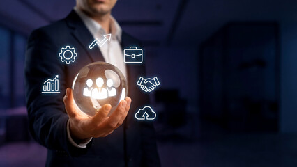 Businessman Holding Sphere with Business Strategy and Teamwork Icons