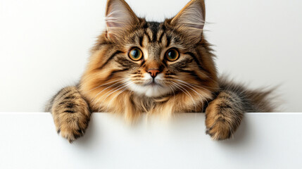 Playful Domestic Cat with Striking Eyes Peeking Over a White Surface