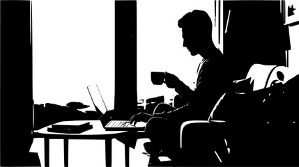 Remote Work Lifestyle: A silhouette of a person sitting cross-legged on a sofa with a laptop and a coffee mug. Cozy, modern home office vibe.