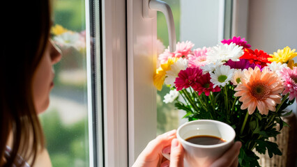 A girl at the window with a cup of coffee and a bouquet of flowers cozy morning lifestyle scene. Image can be used for relaxation, self care, spring mood, and everyday home life themes.