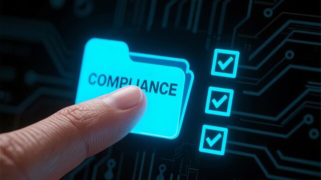 Compliance audit business law regulation policy document validation quality assurance rules concept with finger touching digital folder icon dark circuit background for effective management