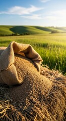 Organic animal feed granules in burlap sack for livestock nutrition. Agricultural fodder on farm