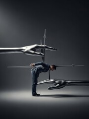 Conceptual surreal business scene showing work pressure, with a human figure caught between clock hands and strict deadlines