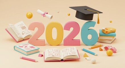 Class of 2026 graduation 3D concept with books and cap. Educational success and future student trend