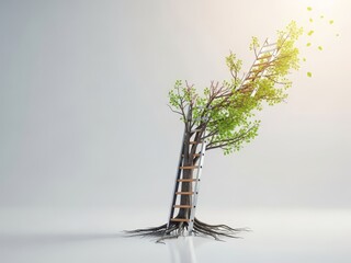 Surreal business metaphor of growth with ladder transforming into tree, success and scaling concept