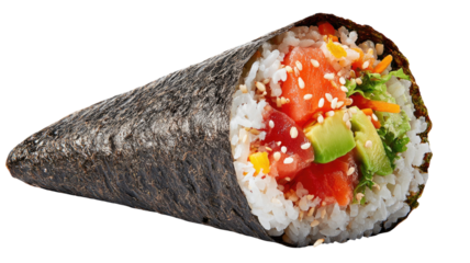 hand rolled sushi cone with rice fresh vegetables tuna wrapped in nori isolated on white background