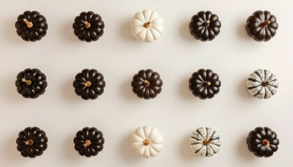Fototapeta premium モノトーンの世界にかぼちゃのオーナメントが並ぶミニマル背景｜Minimal Monotone Pumpkin Ornaments Background 