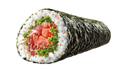 hand rolled sushi cone with rice fresh vegetables tuna wrapped in nori isolated on white background