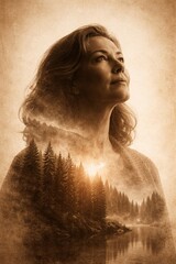 Inner strength silhouette with forest peaks