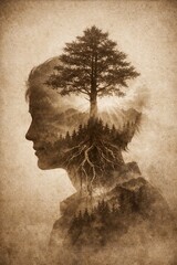 Resilient growth portrait with sprouting tree