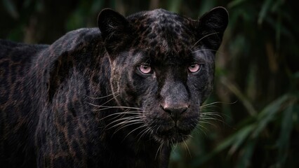 A close-up image of a black panther with striking pink eyes, standing in a dense, shadowy forest
