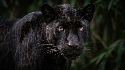 Fototapeten Puma A close-up image of a black panther with striking pink eyes, standing in a dense, shadowy forest  © Valentin