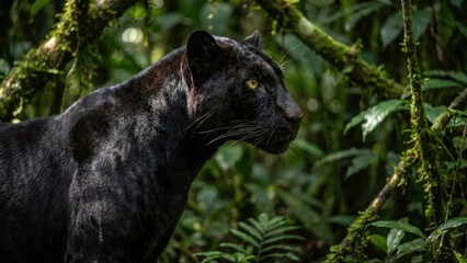 A majestic black panther stands amidst dense green foliage in a lush forest, its piercing eyes scanning the surroundings. © Valentin