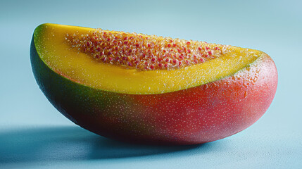 A vibrant mango slice with its sweet yellow flesh dotted with tiny red seeds rests against a serene blue backdrop, offe a delightful glimpse of tropical refreshment.