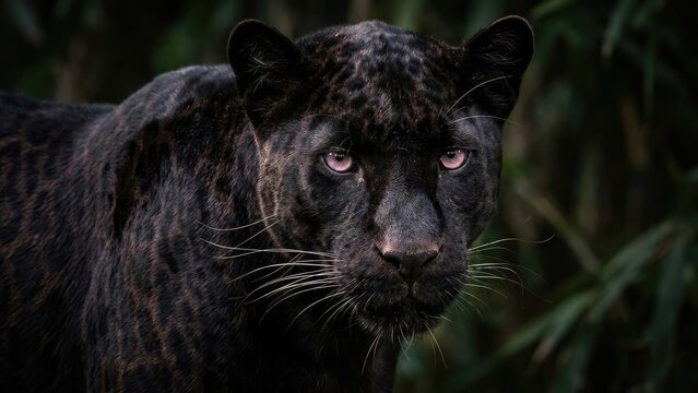 A close-up image of a black panther with striking pink eyes, standing in a dense, shadowy forest