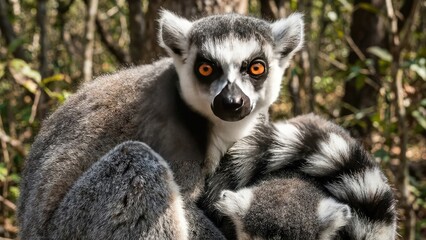 Fototapeta premium A close-up image of a ring-tailed lemur with striking orange eyes, set against a backdrop of lush green foliage. 