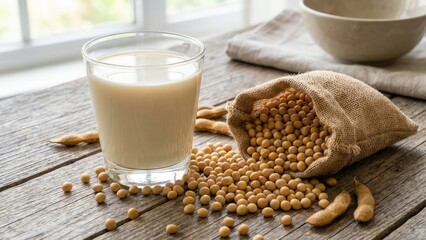 A glass of soy milk is placed on a wooden table next to a cloth pouch filled with soybeans....